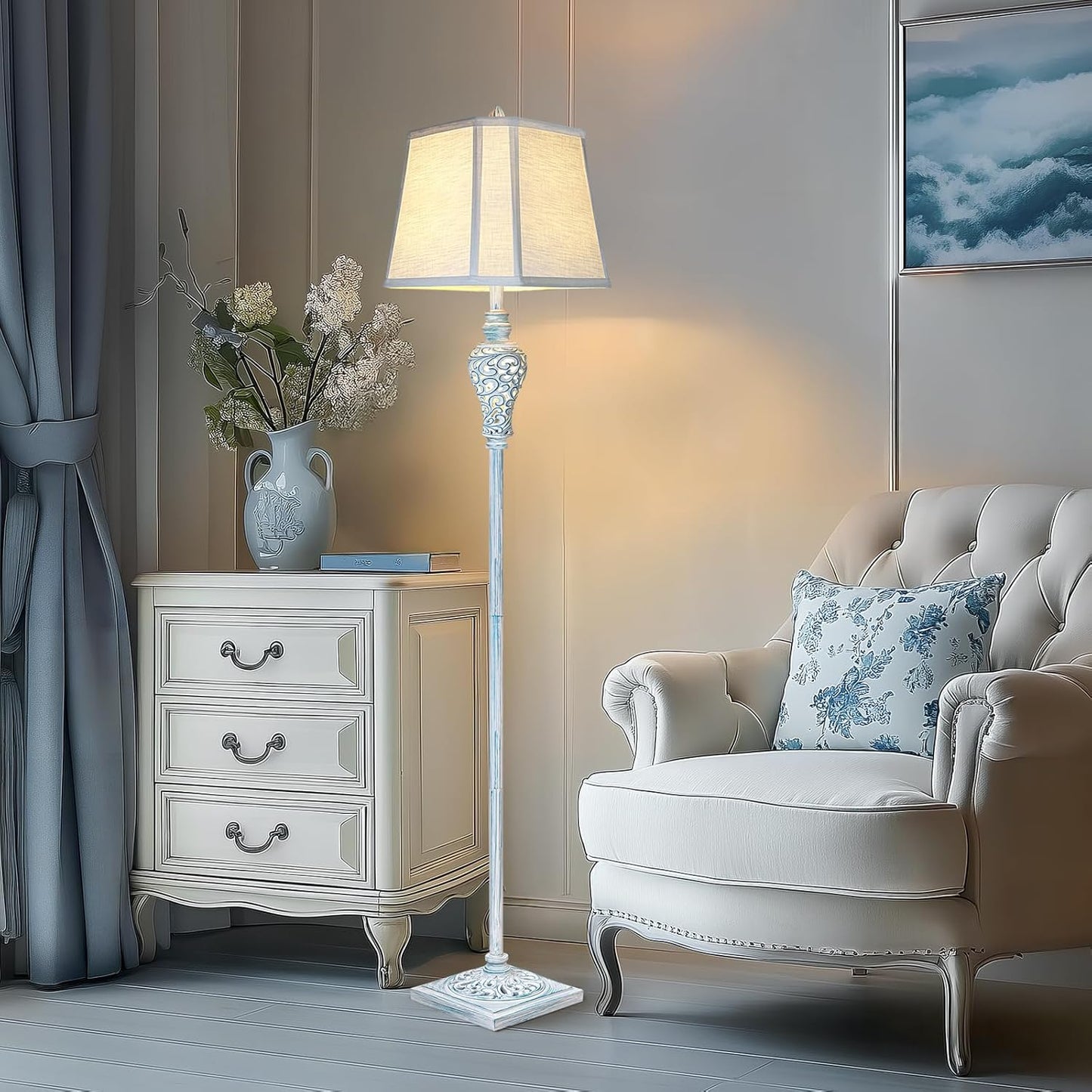 Vintage Floor Lamp with Nightlight, 65" Retro Standing Lamp with White Linen Shade, Washed Blue Finish Farmhouse Style Design Tall Lamp Decor for Living Room Bedroom Study Home Corner (Bulb Included)