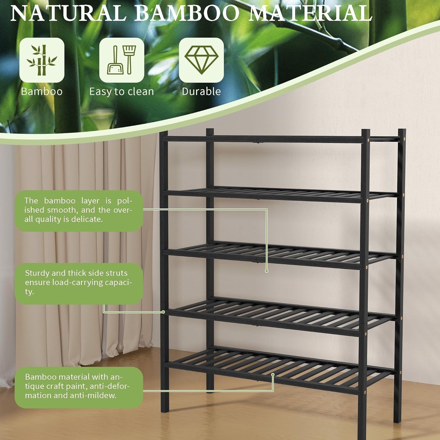 5 Tier Bamboo Shoe Rack for Closet Free Standing Wood Shoe Shelf for Entryway Small Space Stackable 27"x11"x33" (Black)
