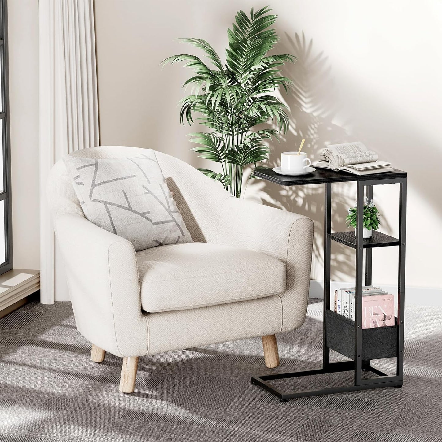 C Shaped End Table, Small Side Table for Couch, Recliner, Slide Under Sofa Tray Desk Snack Tables with Storage Bag for Living Room,Bedroom, Small Spaces - Black