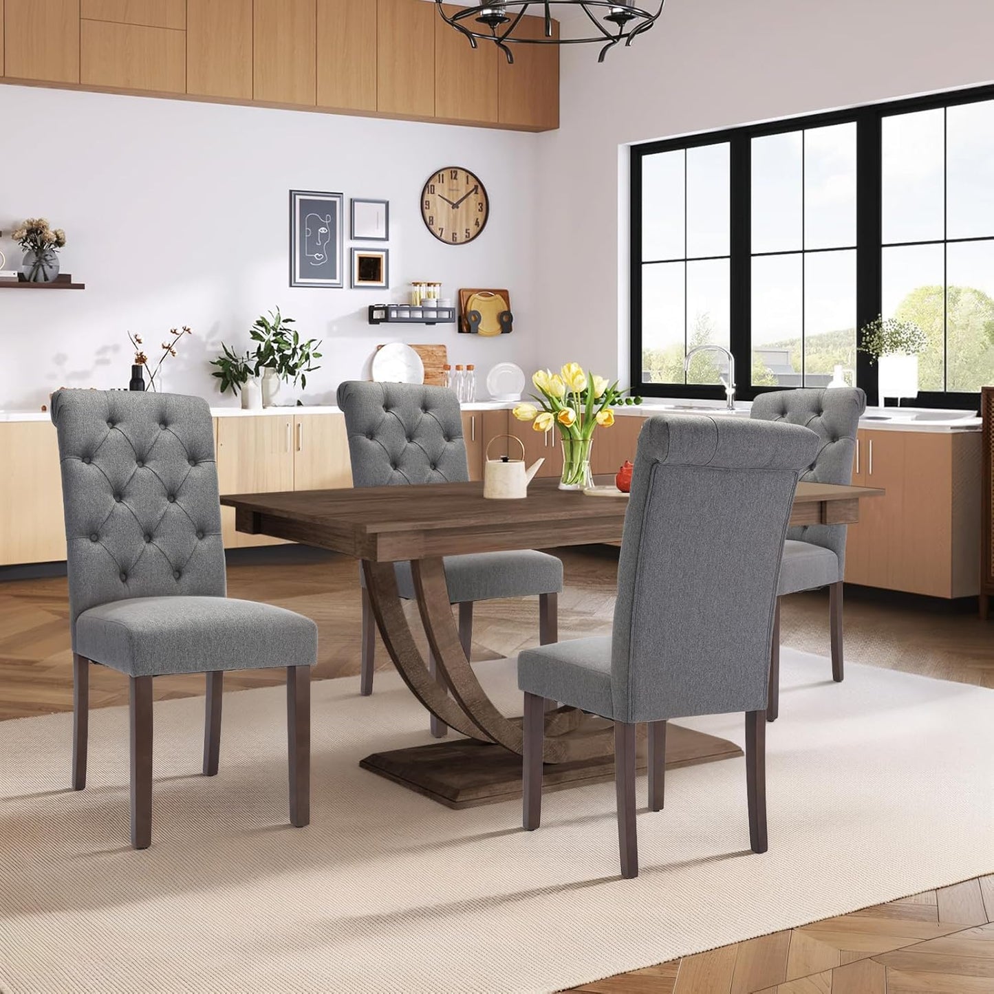 COLAMY Tufted Dining Chairs Set of 6, Parsons Dining Room Chairs Upholstered Fabric Diner Chair Stylish Kitchen Chairs with Solid Wood Legs and Padded Seat - Grey