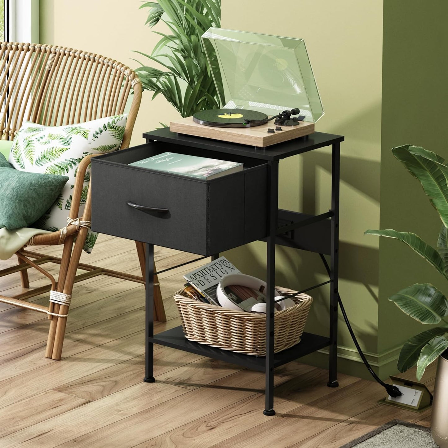 WLIVE Night Stand with Charger Station, Small Nightstand with 1 Fabric Drawer and Open Wood Shelf, 25" H Bedside Table for Bedroom, 2-Tier Storage Side Table for Dorm, Entryway, Black