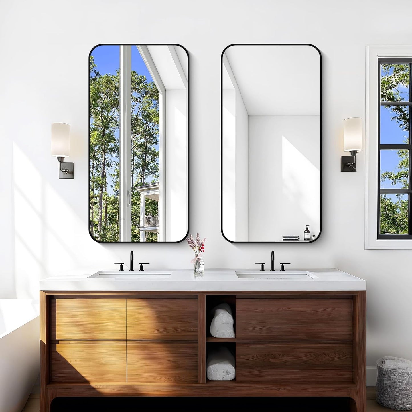 Bathroom Mirror, 48 x 24 inch Black Rectangle Wall Mirror, Metal Framed Rectangular Vanity Mirror, Rounded Corner Wall Mounted Mirror for Modern Bedroom Living Room Horizontal/Vertical