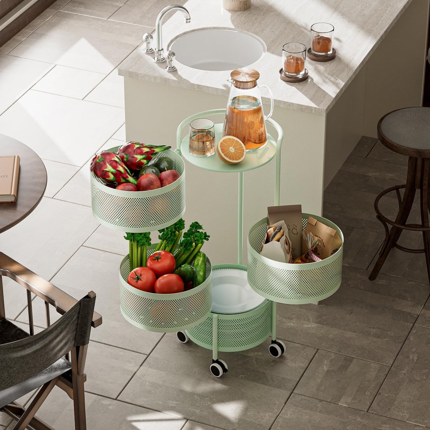 JAQ Kitchen Storage Rack No Assembly, 4-Tier Metal Storage Tower Basket Shelves Organizer on Rolling Wheels with Removal Drawers for Fruit Vegetable Grocery Corns Potato Onion (4-Tier, Green)