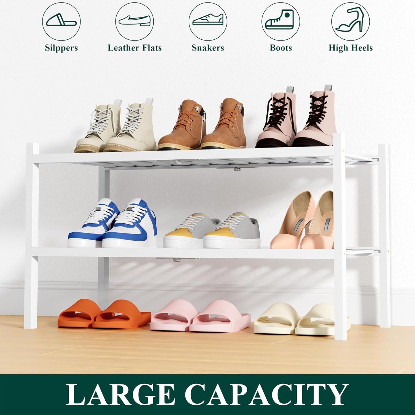 Smiry Shoe Rack, 2 Tier Thick Bamboo Shoe Organizer, Stackable Free Standing Wooden Shoe Storage Shelf for Closet, Entryway, Front Door Entrance, White