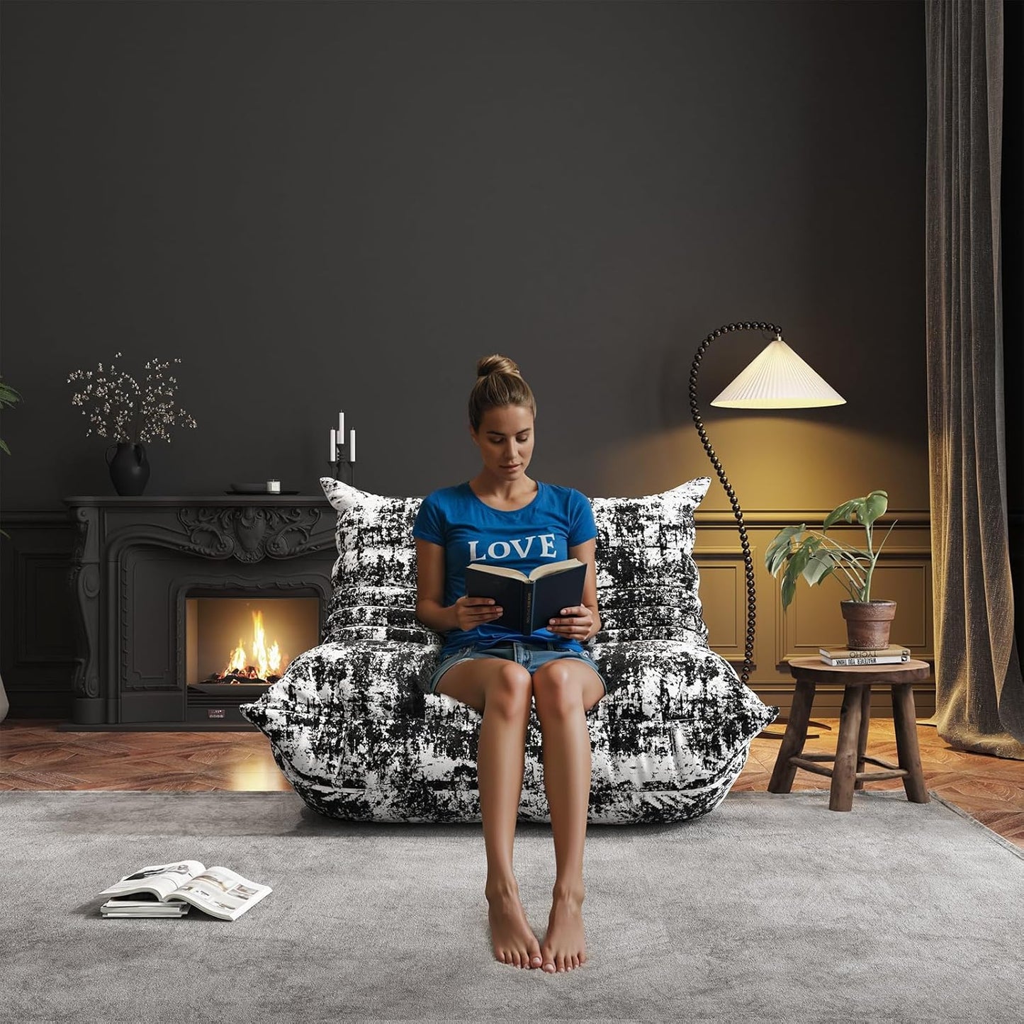 Bean Bag Chairs for Adults, BeanBag Reading Chair Memory Foam Couch, Floor Chair Soft Teddy Material, Comfy Reading Nook Chairs for Bedroom Living Room Office (Ink Painting)