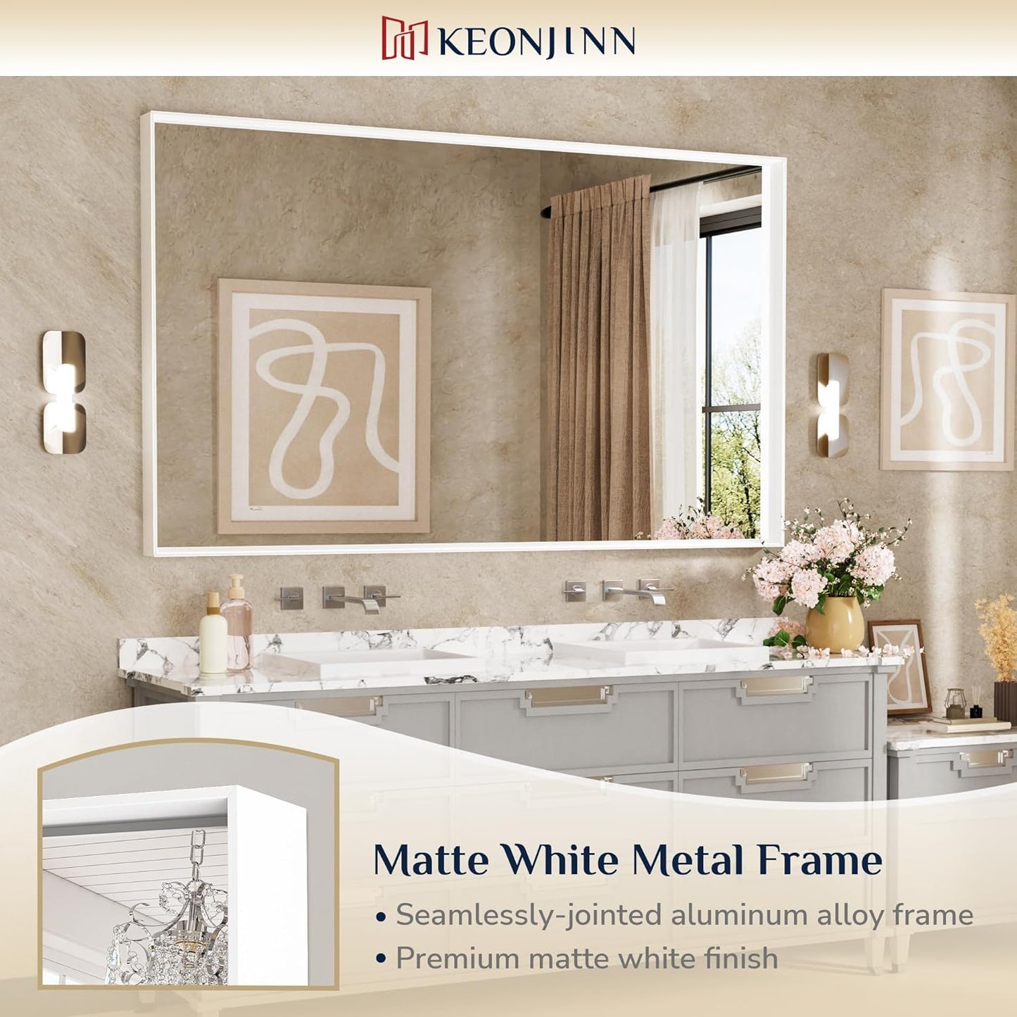 Keonjinn 60 x 36 Inch White Bathroom Mirrors Metal Framed Large Bathroom Mirror for Over Sink Metal Framed Rectangle Wall Mirror Modern Square Corner Matte White Rectangle Mirror(Horizontal/Vertical)