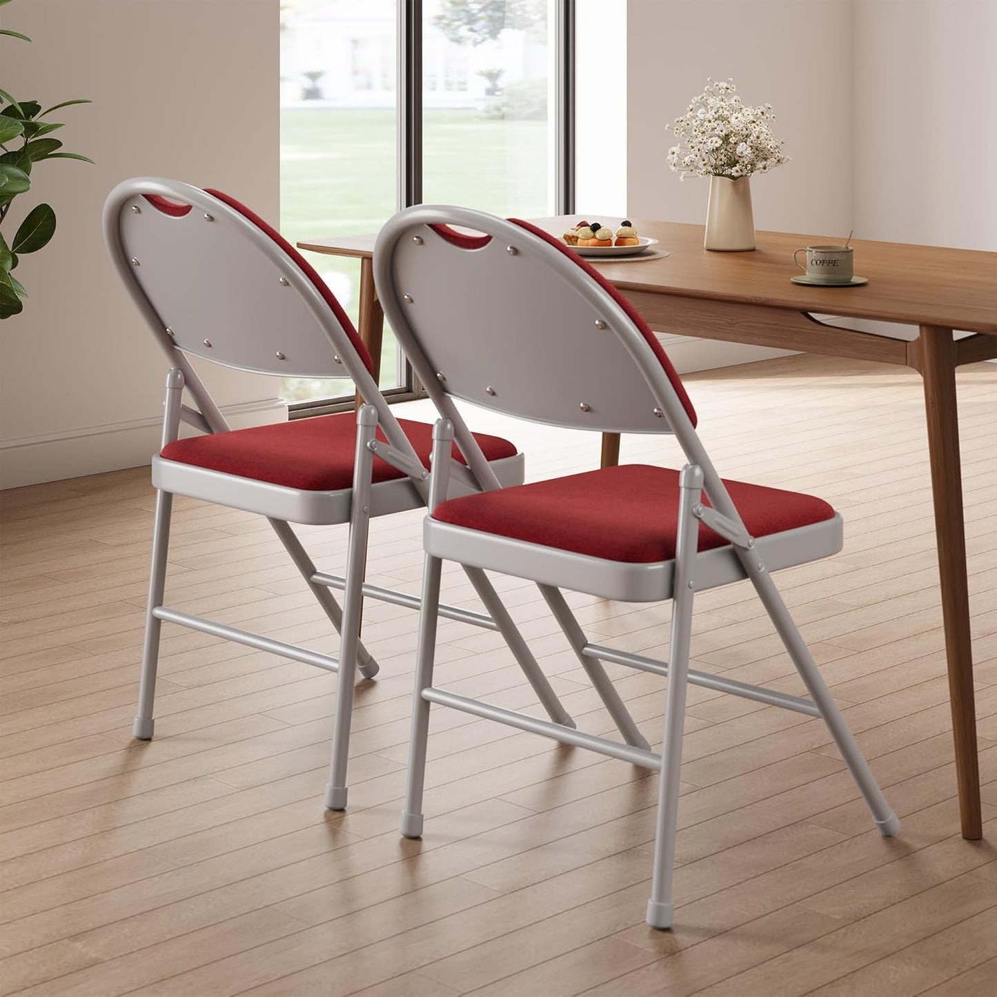 GarveeHome 2 Pack Folding Chairs with Fabric Padded, Metal Foldable Chair Linen Cushion and Back for Indoor Outdoor, Commercial Stackable Guest Chairs for Camping, Dining Room, Office, Wedding, Red