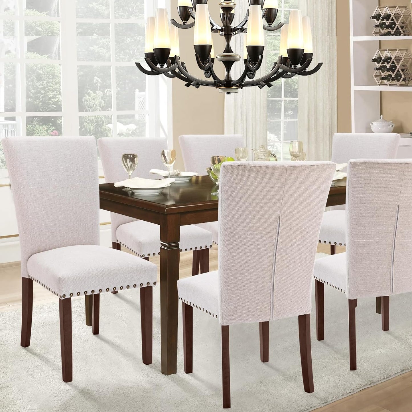 Set of 4 Beige Upholstered Dining Chairs, Farmhouse Kitchen Chairs with High Back Support, Solid Rubberwood Legs, Comfortable Padded Seat, Bronze Nailhead Trim, Dining Room Chairs for Family Meals