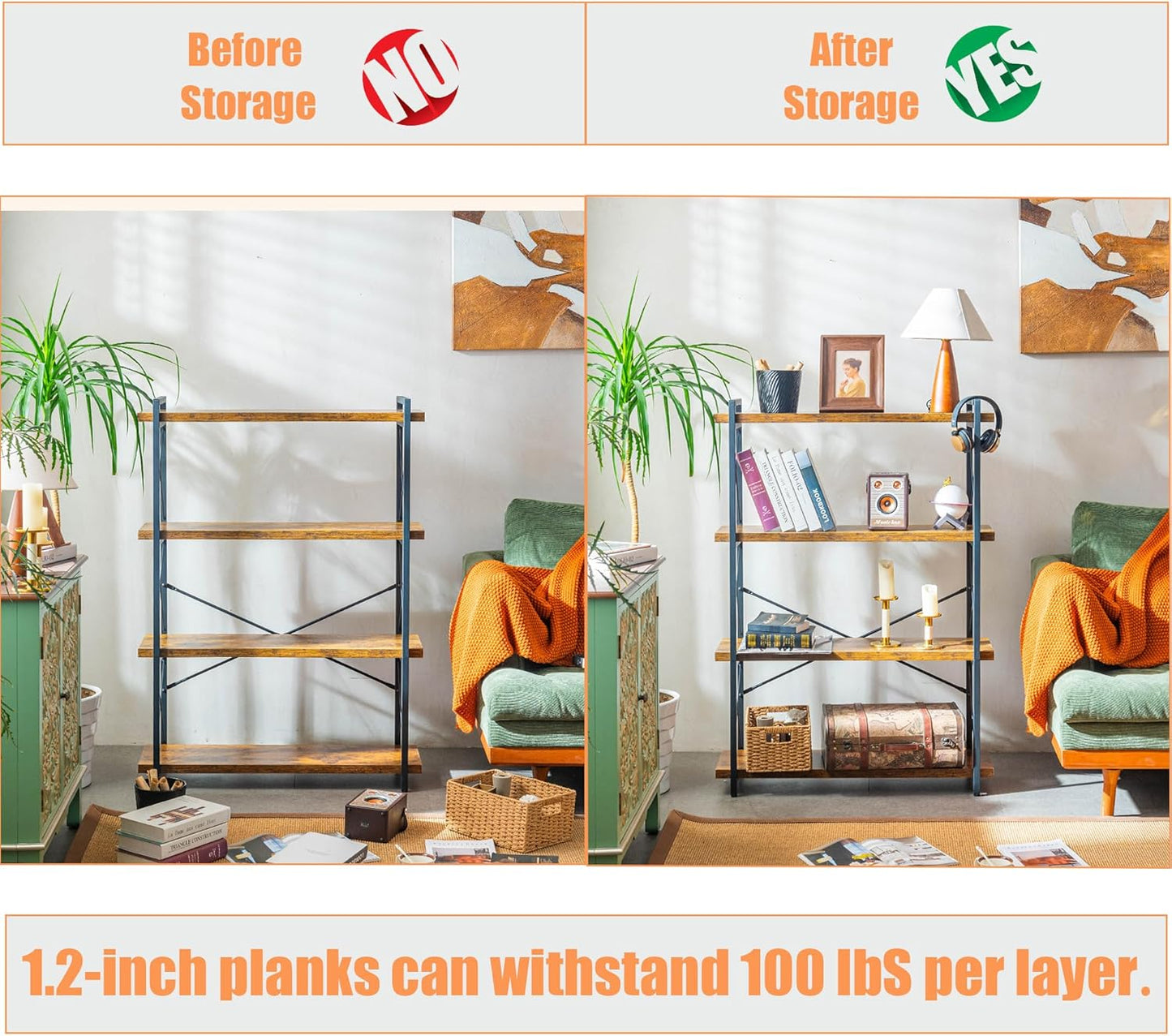 Bookshelf, 4 Tier Bookshelf, Tall Bookcase for Living Room, Home Office and Kitchen