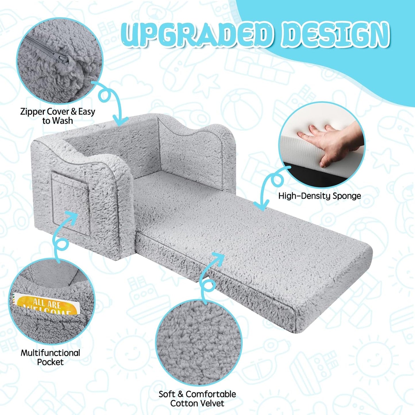 Kids Couch for Toddlers, 2-in-1 Kids Sofa Chair, Comfy Soft Foldable Toddler Couch Chair for Girls and Boys