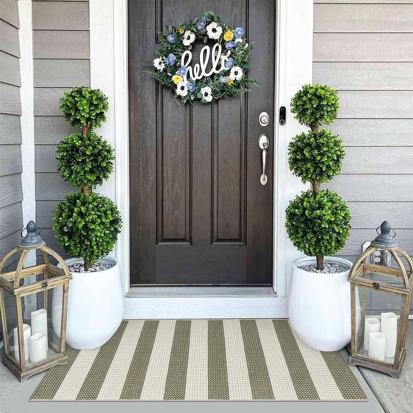 OJIA Striped Rug 24"x51" Washable Fall Front Door Mat Halloween Doormat Woven Entry Rug Cotton Indoor Outdoor Rug Small Checkered Rugs for Porch Kitchen Entryway Patio Bathroom (Green/White/Tan)