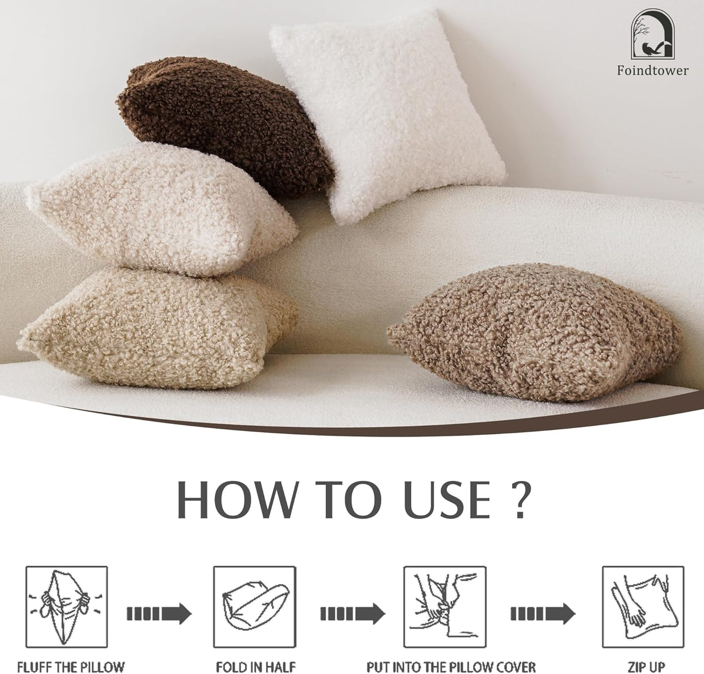 Foindtower 2 Pieces 20x20 Inch Light Khaki, Faux Fur Throw Pillow Cover Accent Sherpa Pillow Fuzzy Soft Pillowcases Sheepskin Decorative Fleece Cushion Case for Bed Couch Living Room