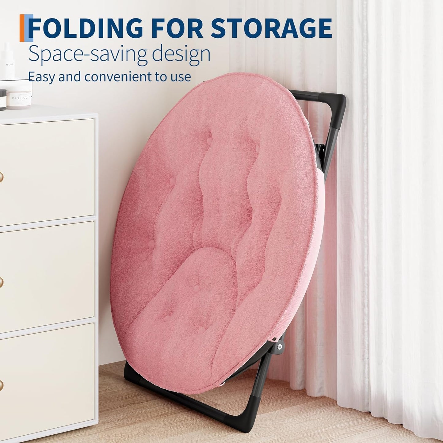 Saucer Chair with Faux Fur Cover - Foldable Moon Chair for Teens & Adults, Large Circle Seat Perfect for Bedroom, Living Room & Playroom, Soft Gaming Chair for Compact Spaces, Pink