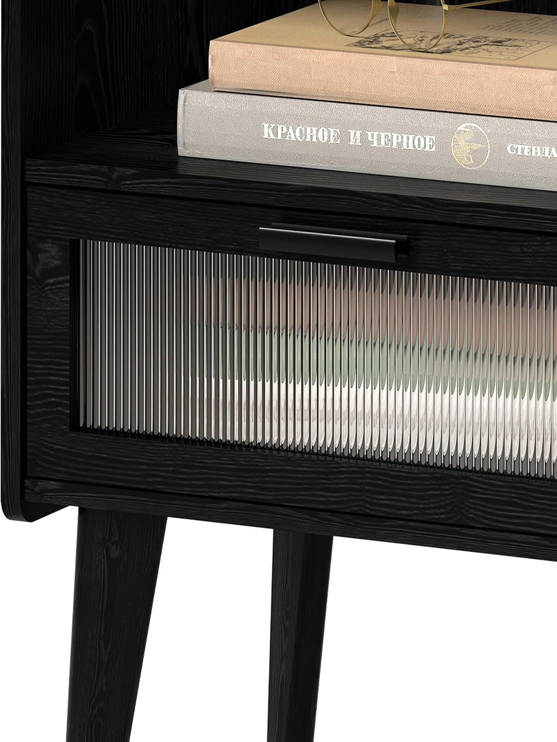 Nightstand with Charging Station, Bedside Tables with Glass Decorative Door, Black Wood Grain End Table, Side Table with 2 Tiers Storage Space for Bedroom Living Room CAMLBZ07XE