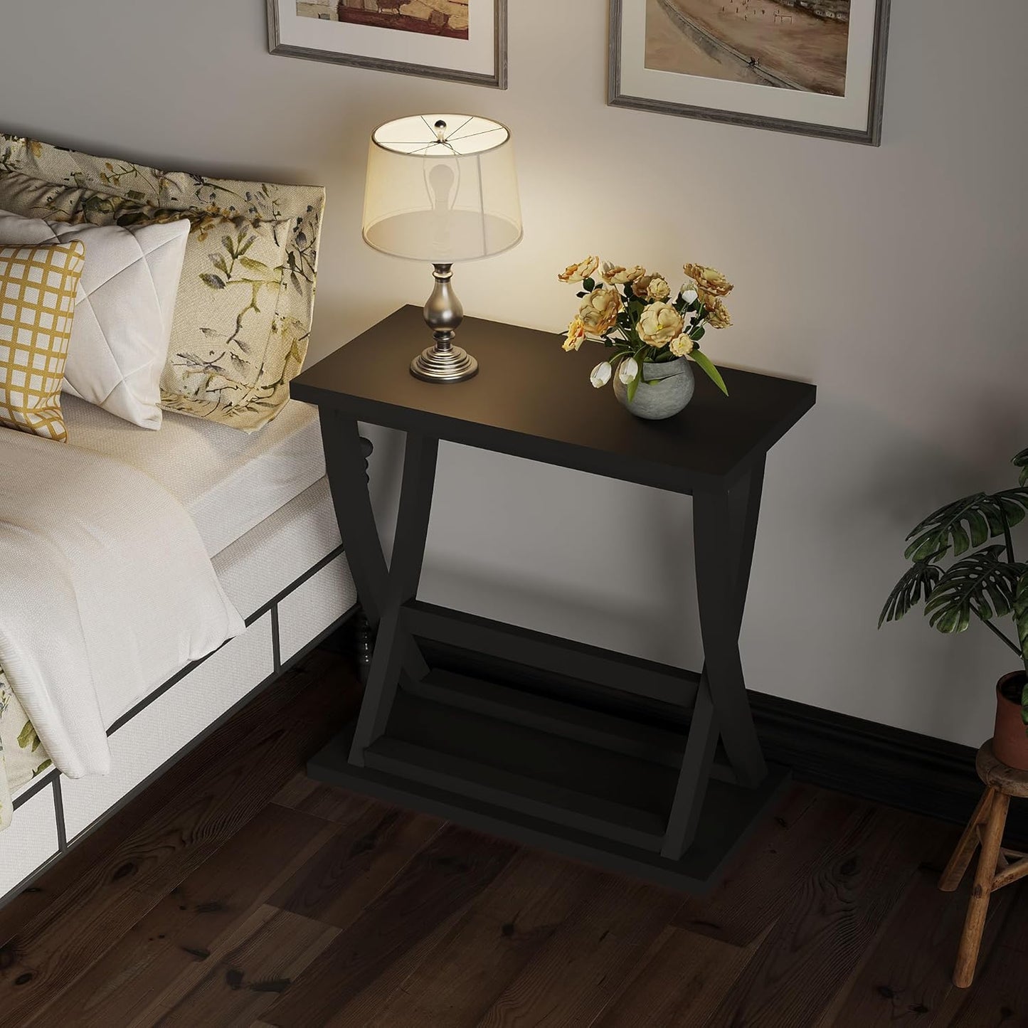 ChooChoo Black End Table, Narrow Side Table with Storage Shelf, Modern X-Design Slim End Table for Living Room,Bedroom, Small Space, 11.8" D*23.6" W*23.4" D