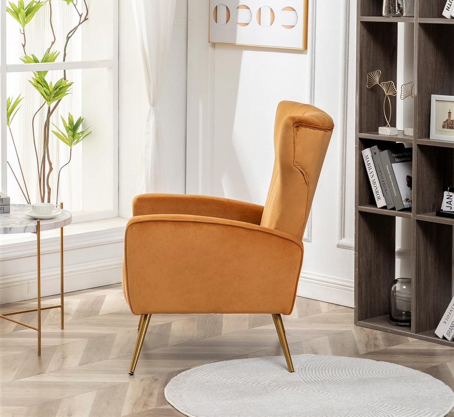 Container Furniture Direct Modern Velvet Accent Chair, Channel Tufted Bedroom, Office or Living Room Furniture with Elegant Metal Legs, 26" Wide Armchair, Mustard Yellow