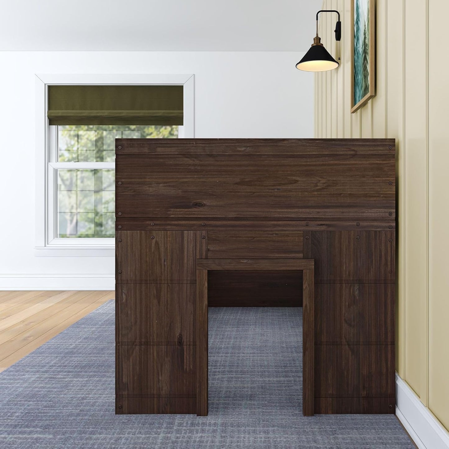 Max & Lily Modern Farmhouse Twin Low Loft Bed with Two Windows - Solid Wood, 15” Guardrails, 400-lb Capacity, Low-VOC Finish, Barnwood Brown