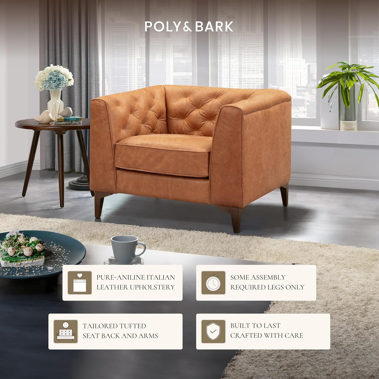 Poly & Bark Essex Lounge Chair - Leather Chair with Tufted Back - Full-Grain Living Room Armchair with Feather-Down Topper - Single Couch - Vintage Italian Leather in Cognac Tan