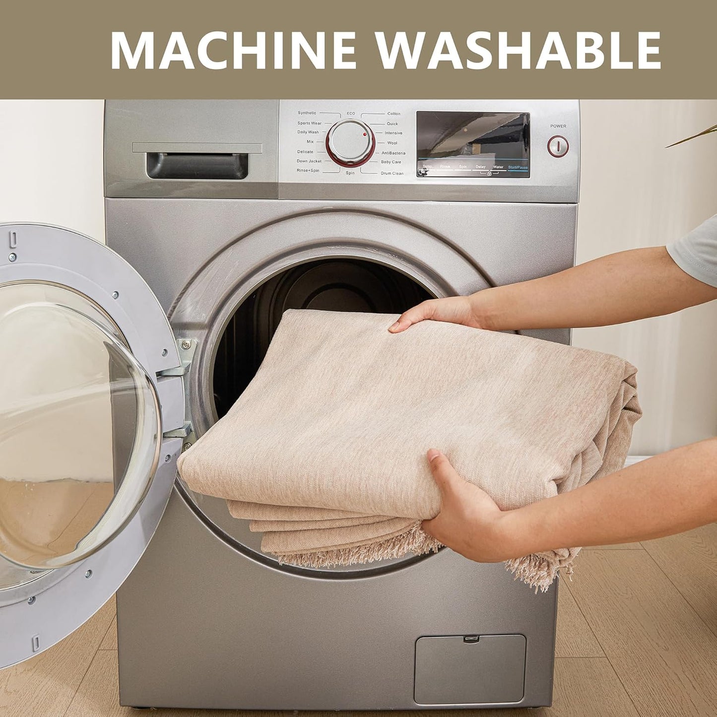 MYSKY HOME Couch Cover 3 Cushion Sofa With Tassel Chenille Slipcover for Sectional L Shaped Furniture, Dogs Protector, 71" X150", Khaki