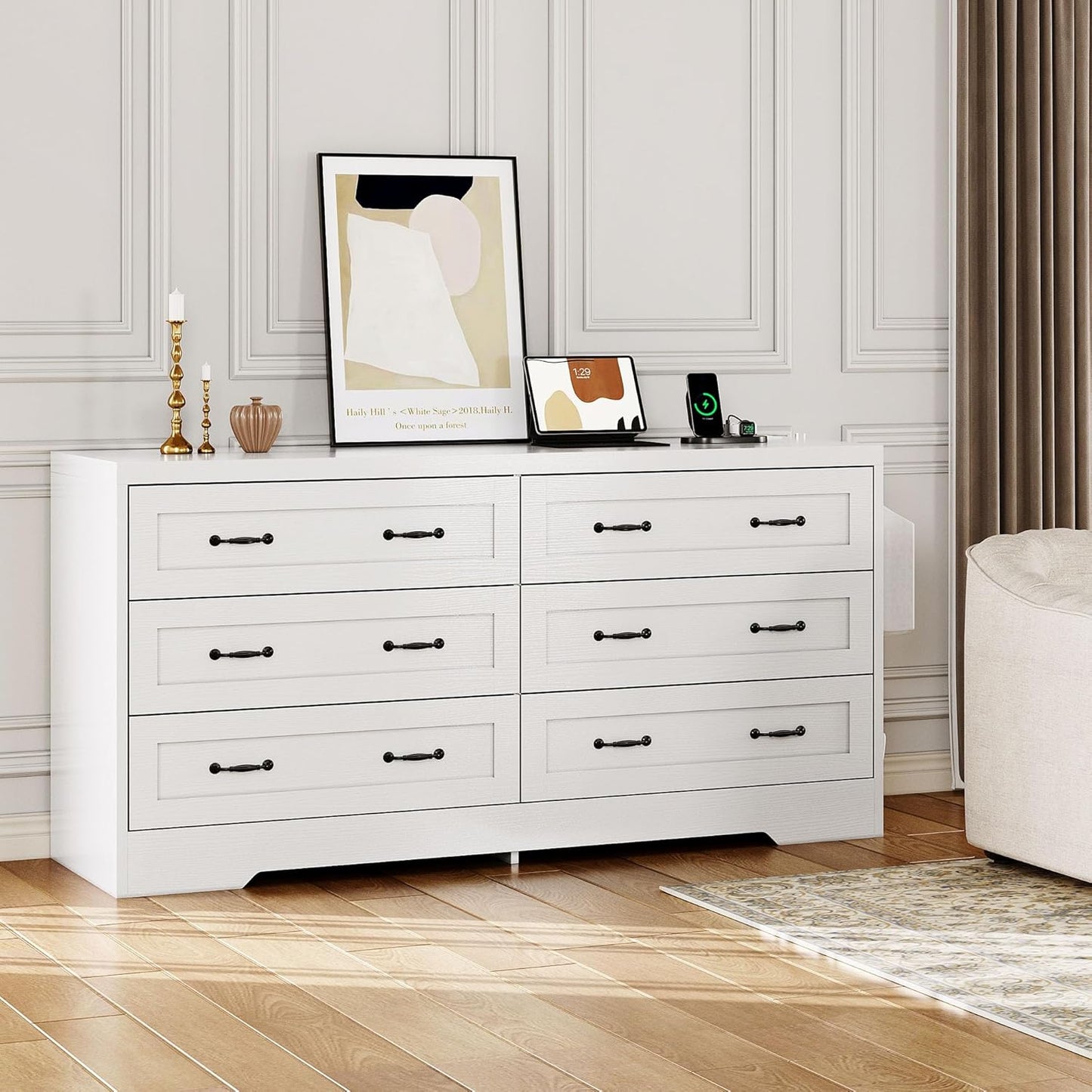 YITAHOME White Drawers TV Stand for 65 inches with Power Outlets -Chest of Drawers Dresser with Side Organizer Bag Entertainment Center TV Console, White