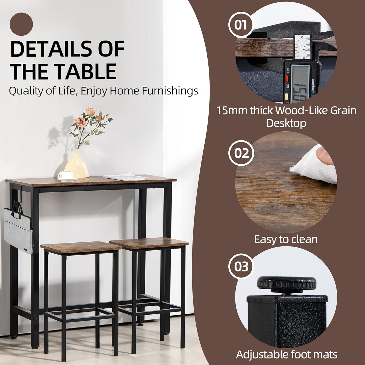 Finnhomy Bar Table Set, 39.3" Pub Table High Top Table, Rectangular Bar Height Table, Bar Table with Stools, Kitchen Table Set for 2, Industrial Breakfast for Kitchen, Living Room, Rustic Brown