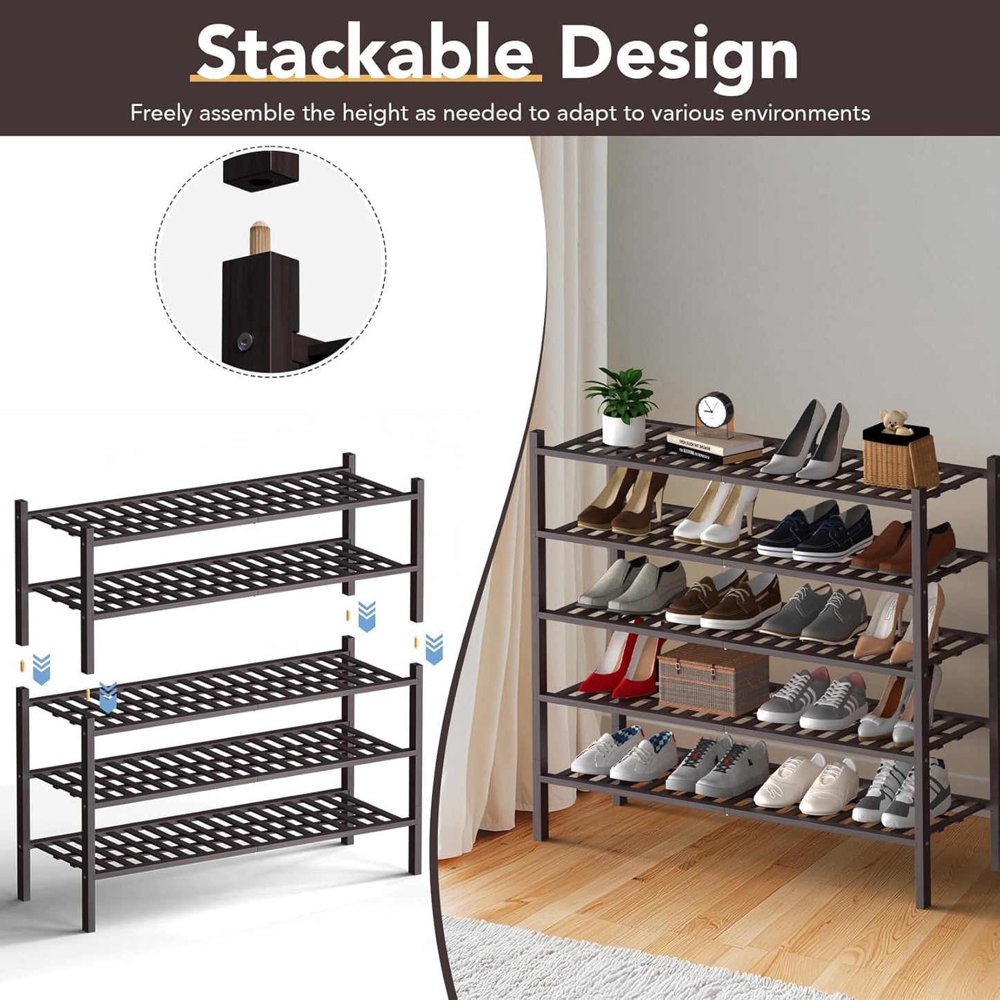 Haddockway Long 3 Tier Bamboo Shoe Rack Storage Organizer, Multifunctional Free Standing Stackable Shoe Shelf with Grid Panel for Closet,Hallway,Entryway,Small Space 34.2"x11"x20"(Brown, 3-Tier(Long))