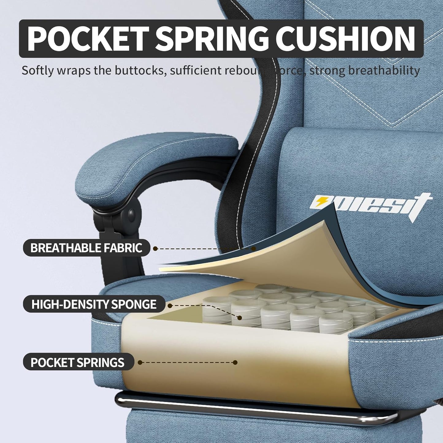 Gaming Chair,Fabric Computer Chair with Pocket Spring Cushion,400 lb Load Capacity,Ergonomic Office Chair with Footrest,Height Adjustable Video Gamer Chair with Lumbar Support (Blue)