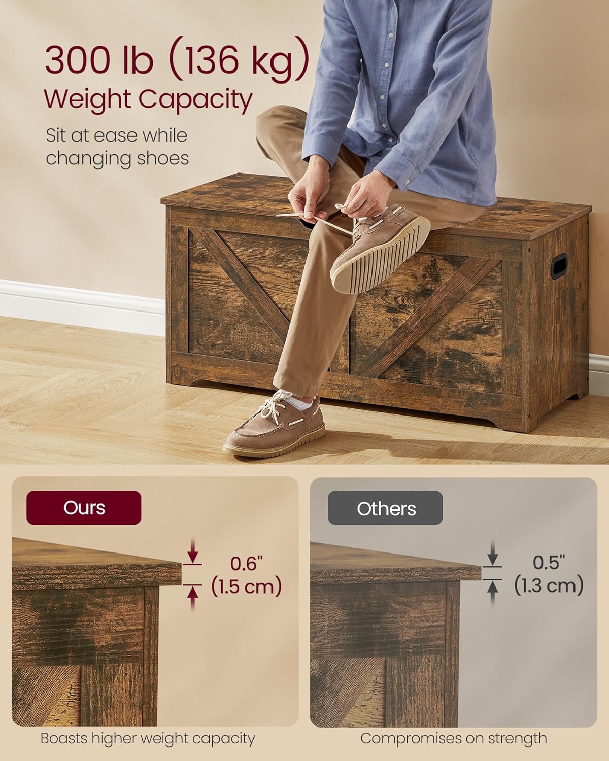 VASAGLE Storage Chest, Storage Trunk with 2 Safety Hinges, Storage Bench, Shoe Bench, Farmhouse Style, 15.7 x 39.4 x 18.1 Inches, for Entryway, Bedroom, Living Room, Rustic Brown ULSB060T01