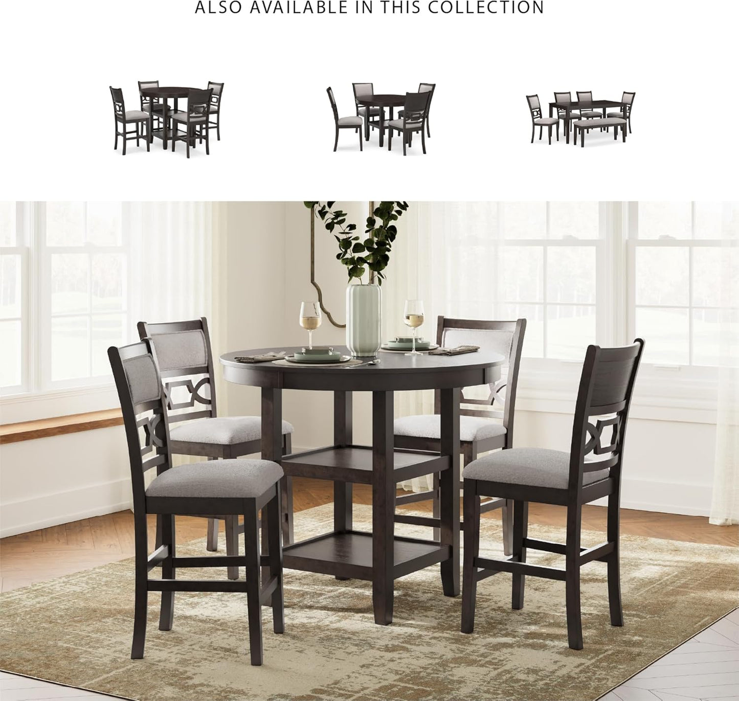 Signature Design by Ashley Langwest Transitional Diamond Patterned Counter Height Dining Table and 4 Upholstered Bar Stools, Set of 5, Dark Brown & Beige