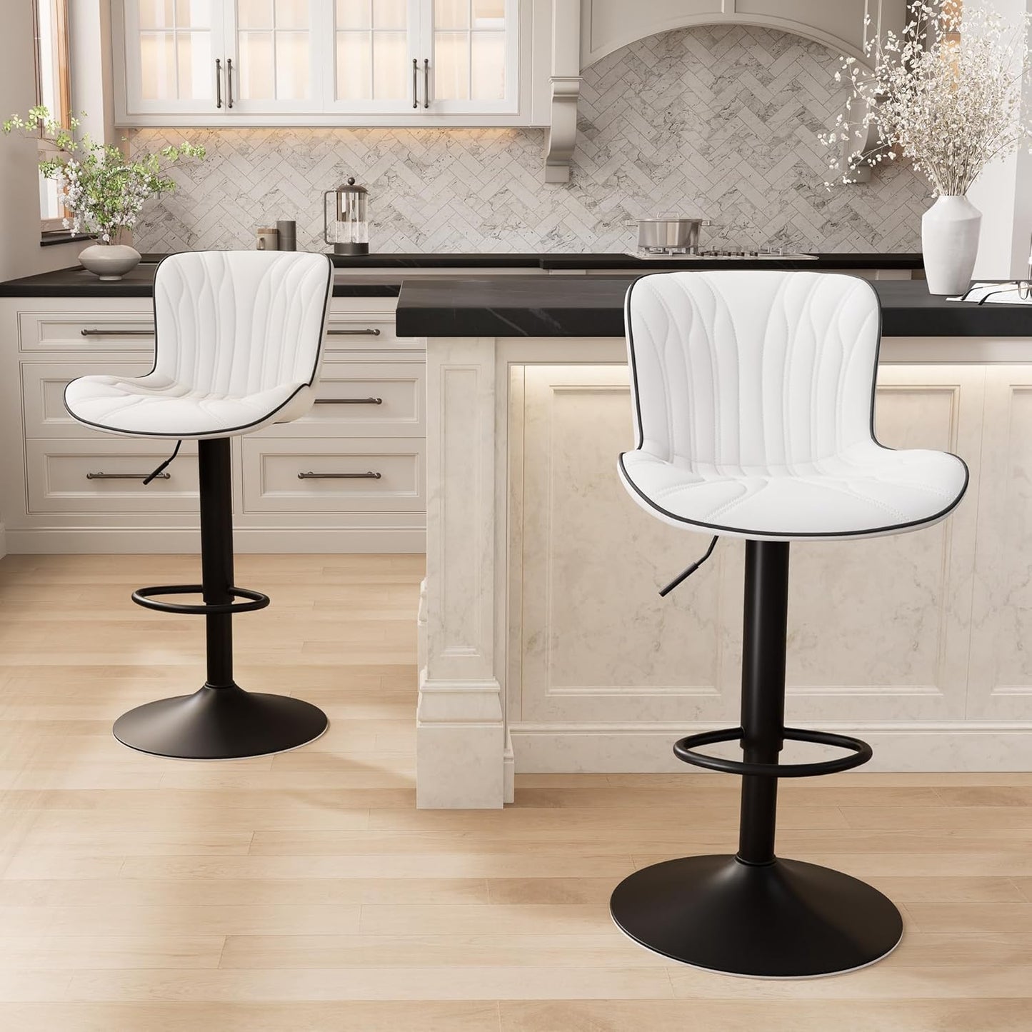 YOUNIKE White Bar Stools Set of 2 Modern Kitchen Counter Height Bar Chair with Back Swivel Adjustable Faux Leather Upholstered Barstools for Breakfast Island Tall 300LBS