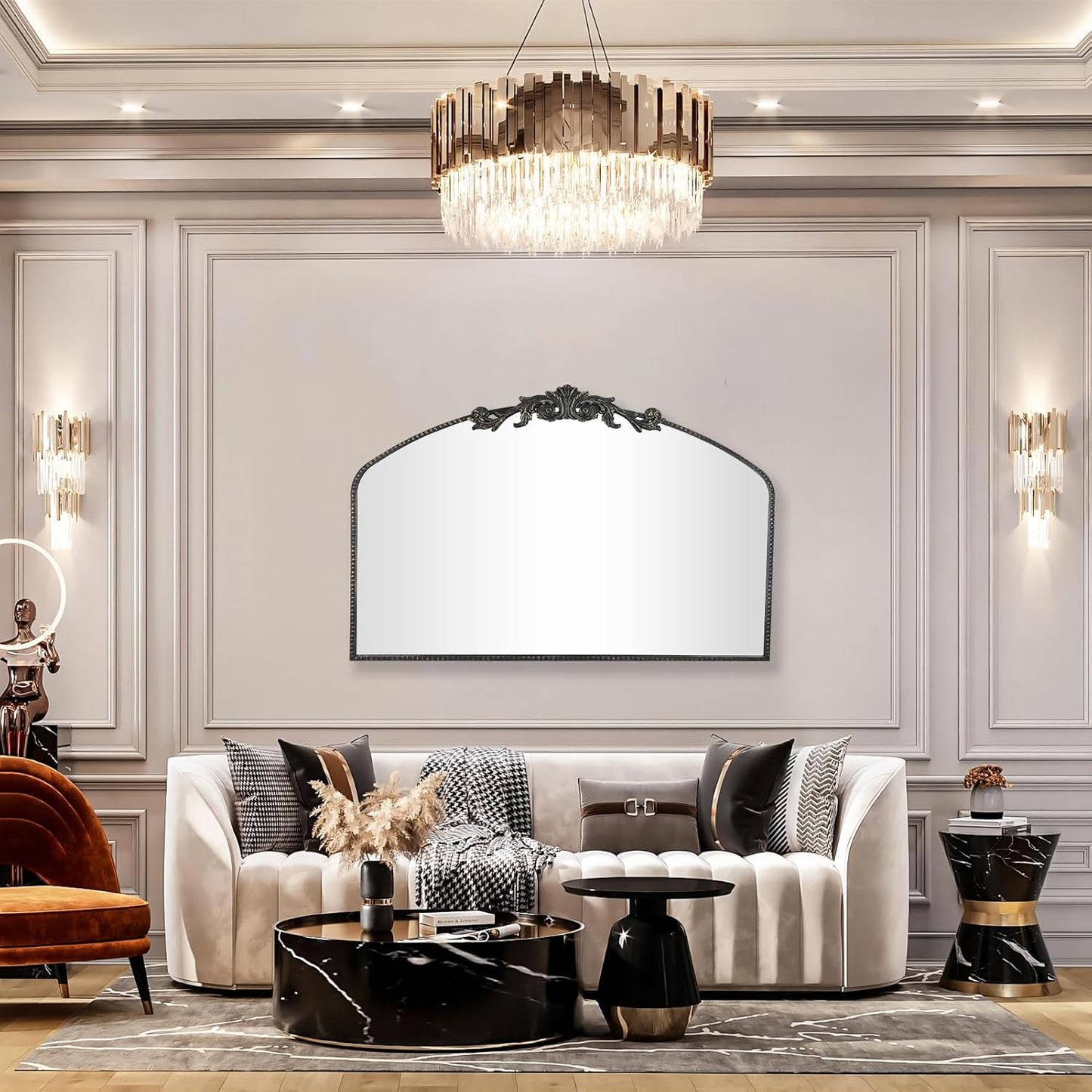 AIXI HOME Vintage Black Arched Mirror 36"X29", Antique Baroque Mantel Wall Mirror with Black Brush Gold Metal Ornate Frame for Entryway/Fireplace/Living Room/Hallway/Bathroom/Bedroom