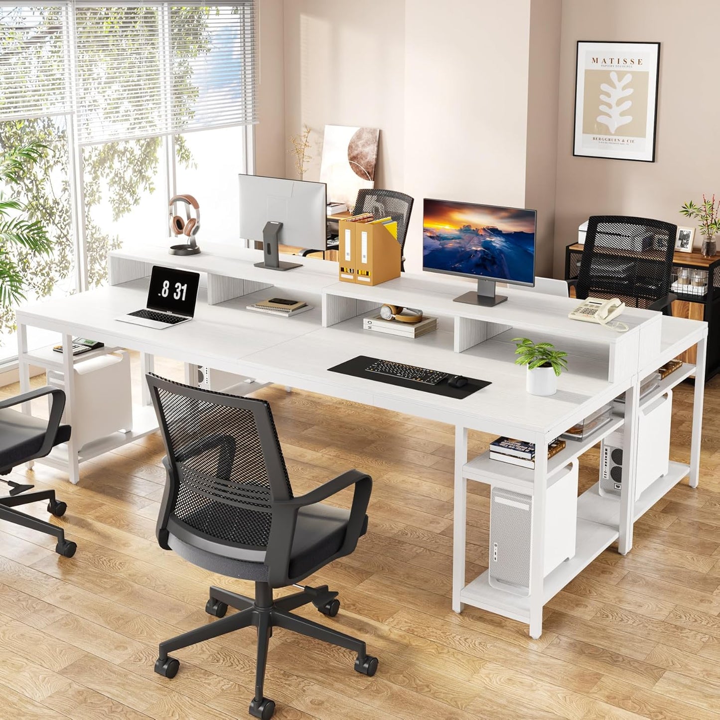 Tribesigns Two Person Desk with Monitor Stand, 78.74" Long Double Computer Office Desk with Storage Shelves, Large Gaming Desk Study Writing Table Workstation for Home Office (White)