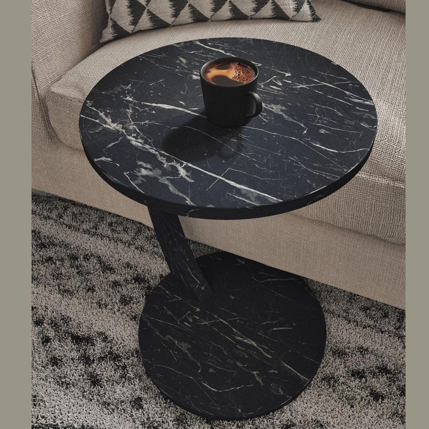 C Shaped End Table for Couch Small Places, Faux Marble Black Space Saver Round Side Table for Sofa and Bedside with Wheels, Coffee and Eating Snack Time Tray for Living Room, Office