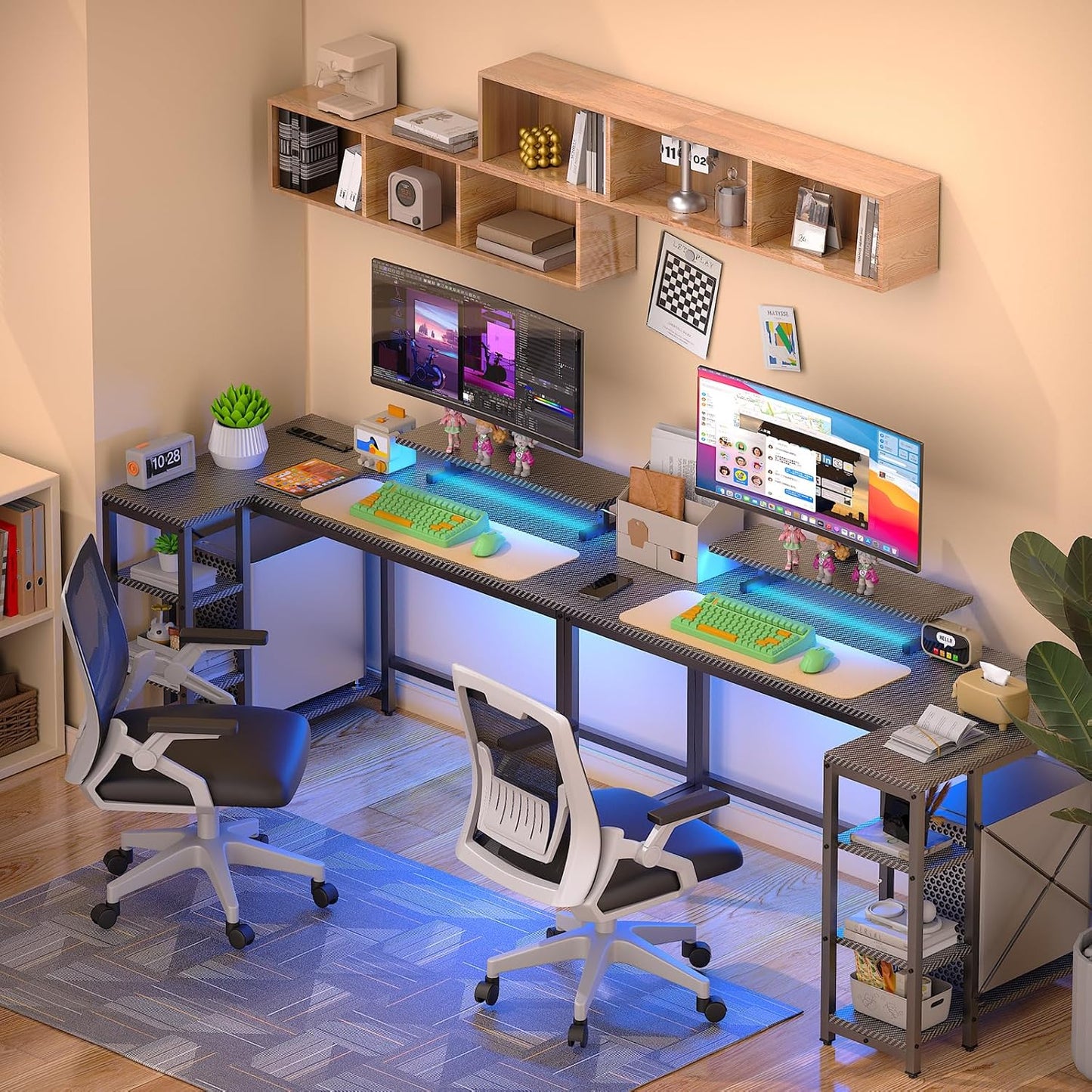 40 inch Gaming Desk with USB Power Outlet and LED Light- Reversible L Shaped Desk with Storage Bag,Computer Desk with Adjustable Monitor Stand& Storage Shelves and CPU Stand,Corner Desk Table