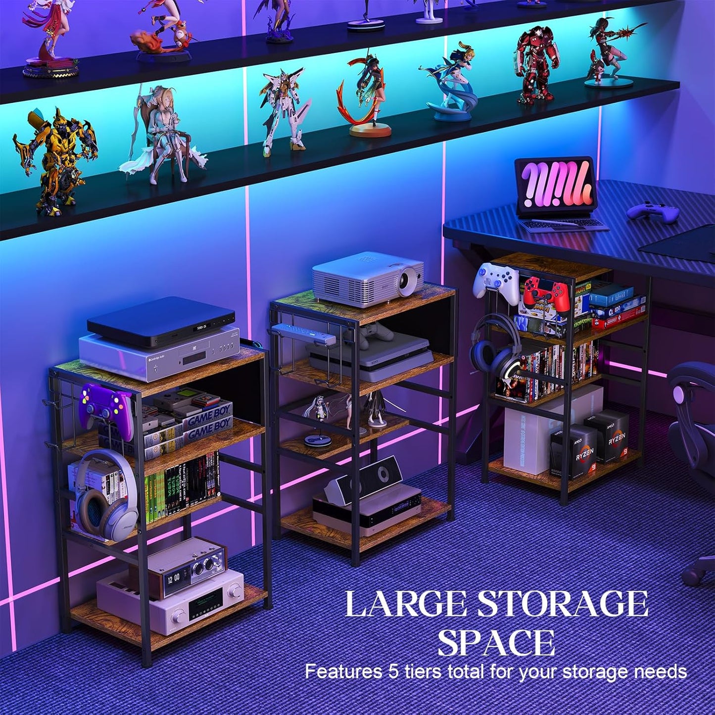 4-Tier AV Media Stand,Game Console Stand with 4 Hooks and Fabric Bags,DVD Shelf,Media Storage Cabinet,Audio Rack Record Player Stand Small Entertainment Center for Home Dorm, Apartment