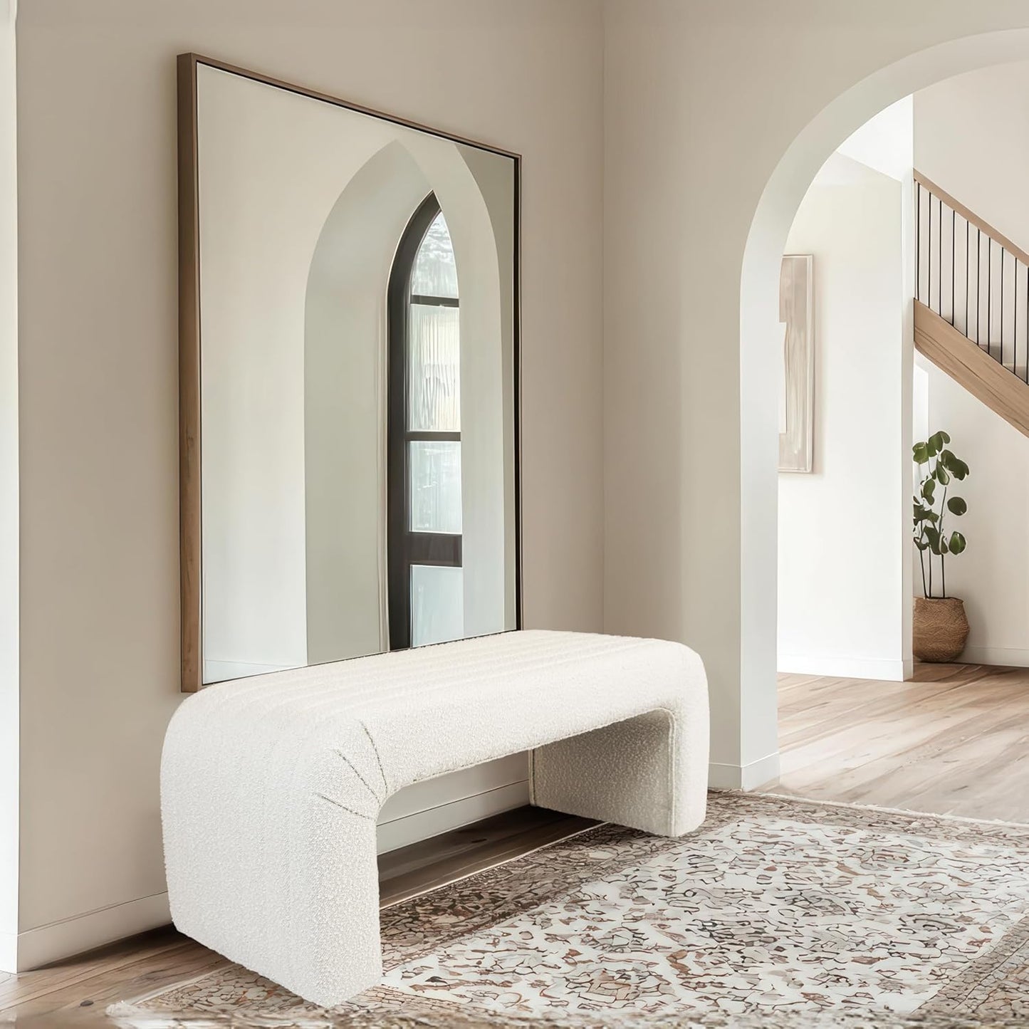 HomePop Arch Channel Bench|Bench for Living Room & Bedroom | Decorative Home Furniture - Cream Boucle