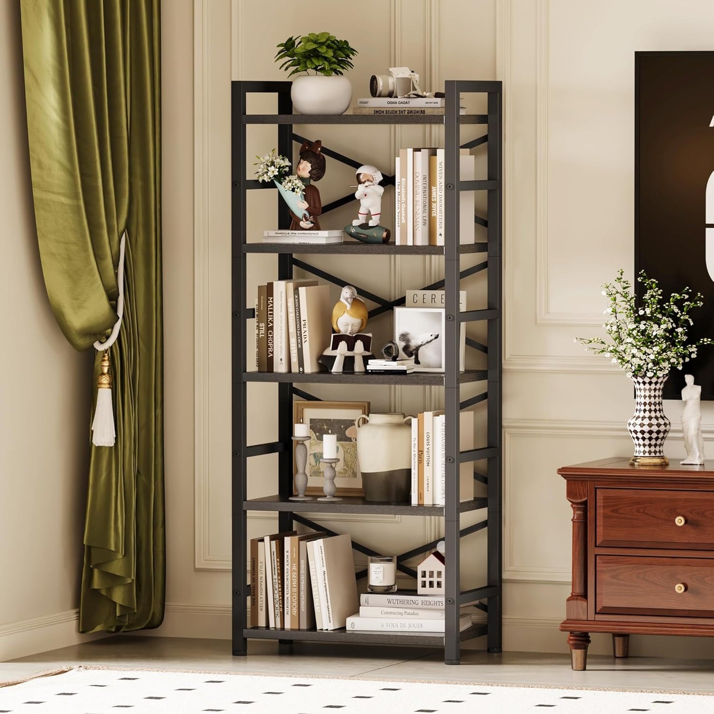 Homeiju Organization and Storage,Tall Bookcase with Shelves, Wood and Metal Book Shelf Storage Organizer, Industrial Display Standing Shelf Unit for Bedroom, Living Room, Black