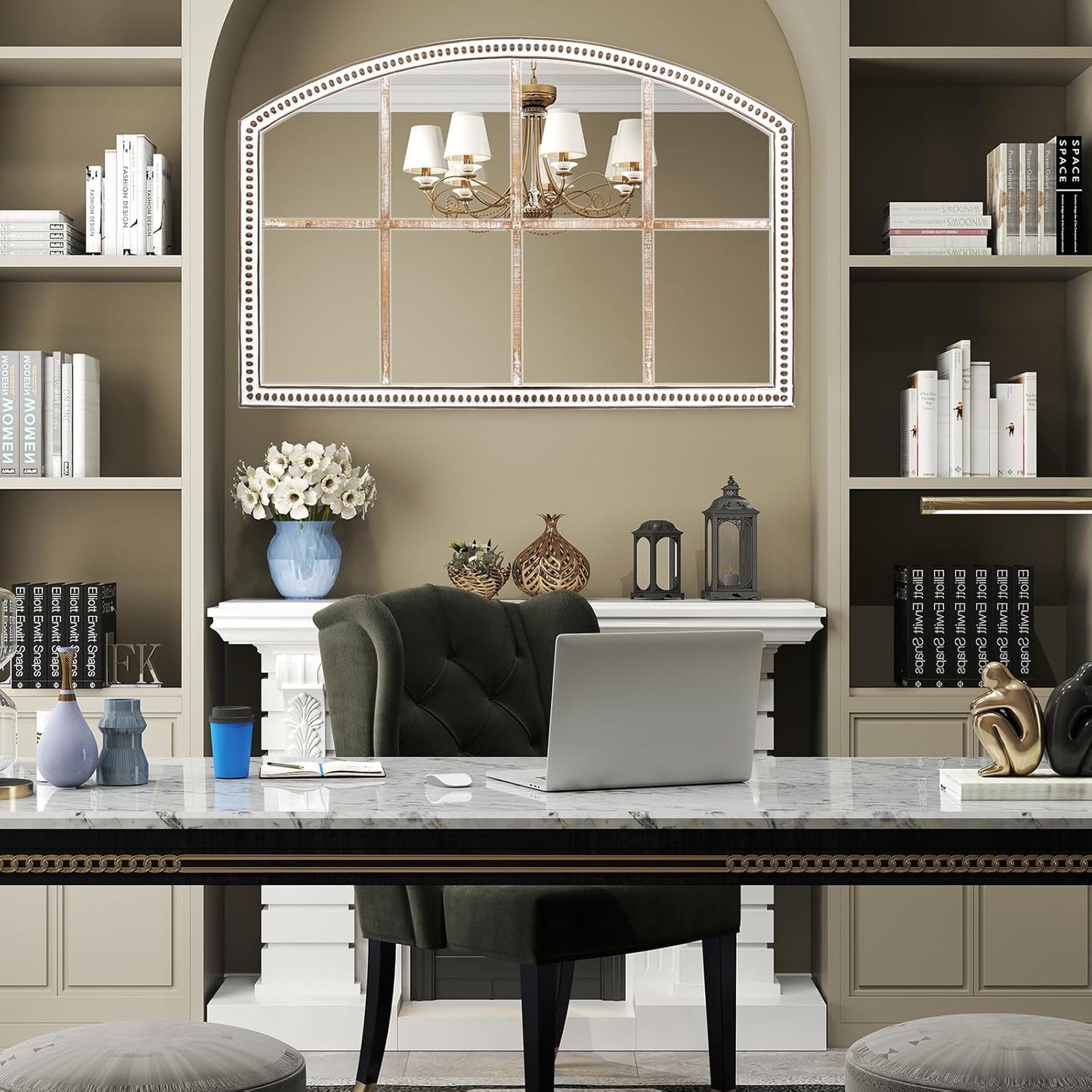 Farmhouse Windowpane Wall Mirror 28x42 Inch, Large Rustic White Wood Mirror Decorative for Living Room, Bedroom, Entryway, Hallway