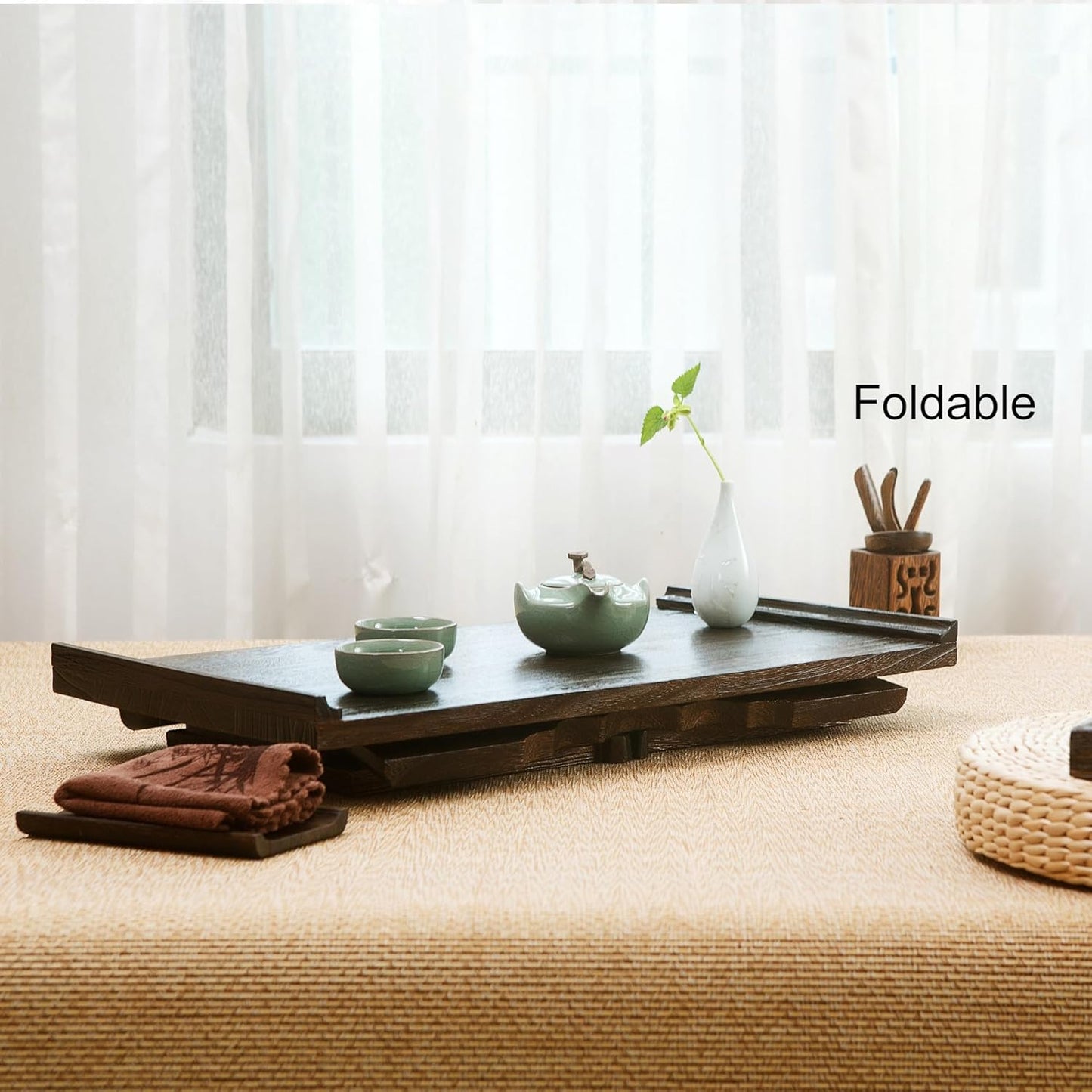 Japanese Wood Floor Table with Foldable Legs - Coffee Tables for Living Room, Bed Desk Tray,Meditation Altar, Laptop Desk