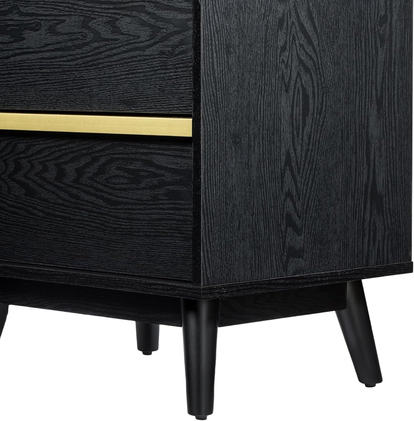 Sango Cortland 2-Drawer Nightstand, Modern Black Wood Bedside Table with Brass Handle, Wooden Legs, Sleek Mid-Century Design, Elegant Storage for Contemporary Homes