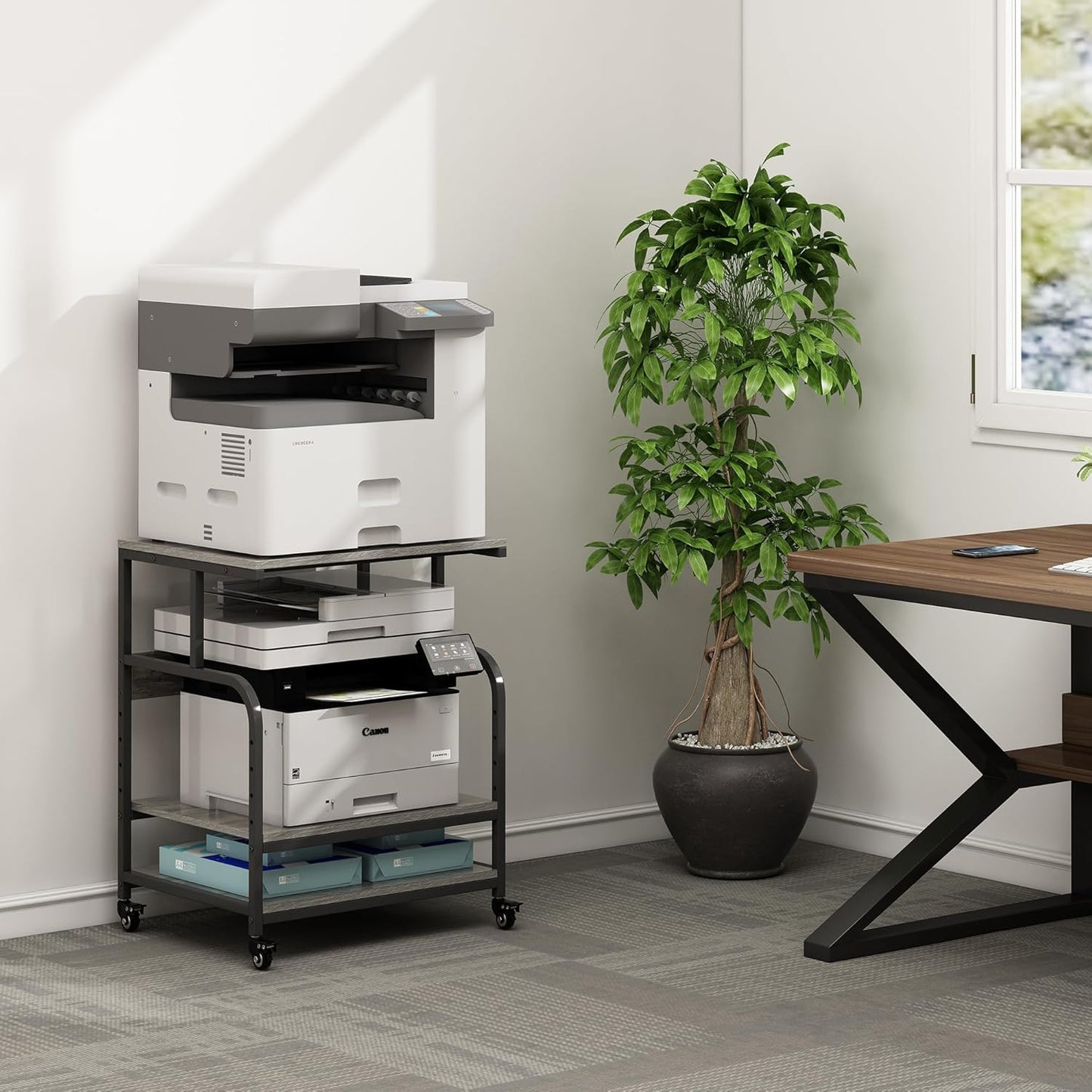 Large Printer Stand Table 23.6 x18.9 x 30 Inches with Height Adjustable Storage Shelf, 3 Tier Rolling Printer Cart with Wheels for Home Office, Gray