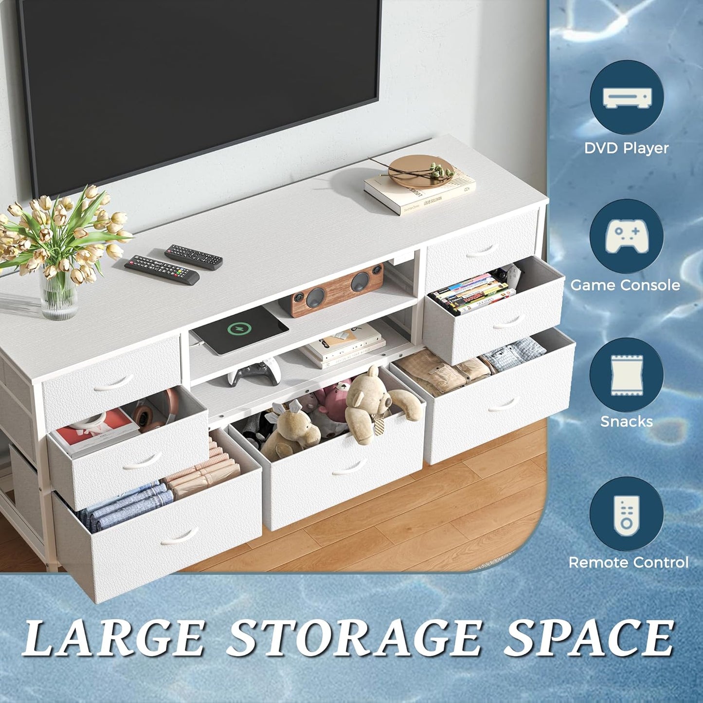 Huuger Dresser for Bedroom With Power Outlets and LED Lights, 7 Drawers TV Stand for 55 Inch TV, 47 Inches TV Console With Open Shelf, Wide White PU Leather