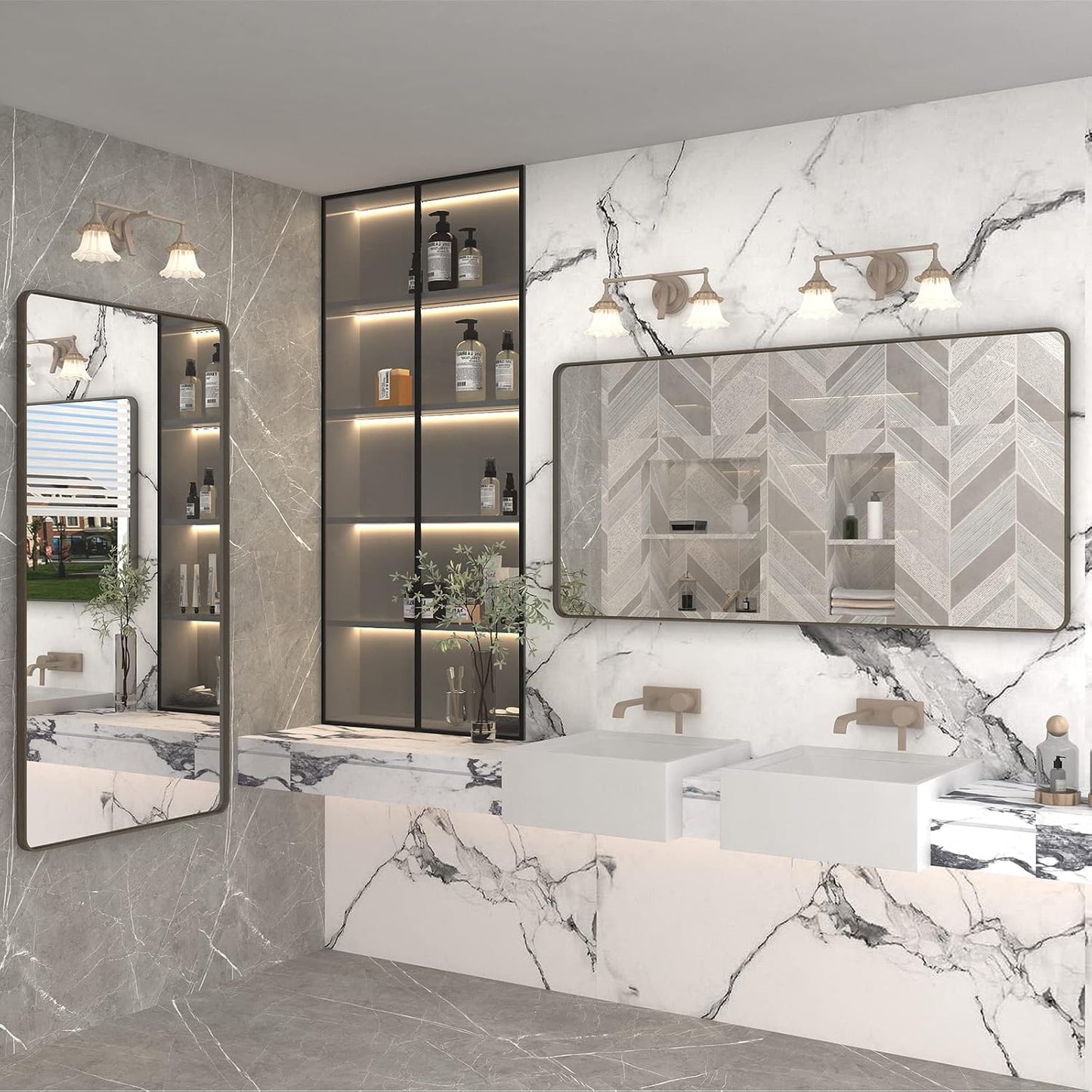 60x36 Bronze Bathroom Vanity Mirror for Wall, Large Bronze Frame Mirror with Brushed Metal Frame, Rounded Rectangle Mirror, Shatterproof, Anti-Rust (Horizontal/Vertical)