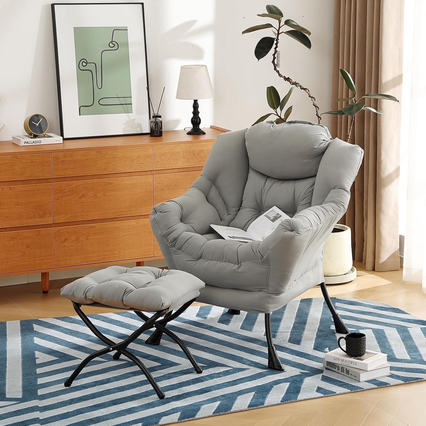 Lazy Chair with Ottoman, Modern Chair with Folding Footrest, Lounge Accent Chair, Comfortable Reading Chair (Light Grey)