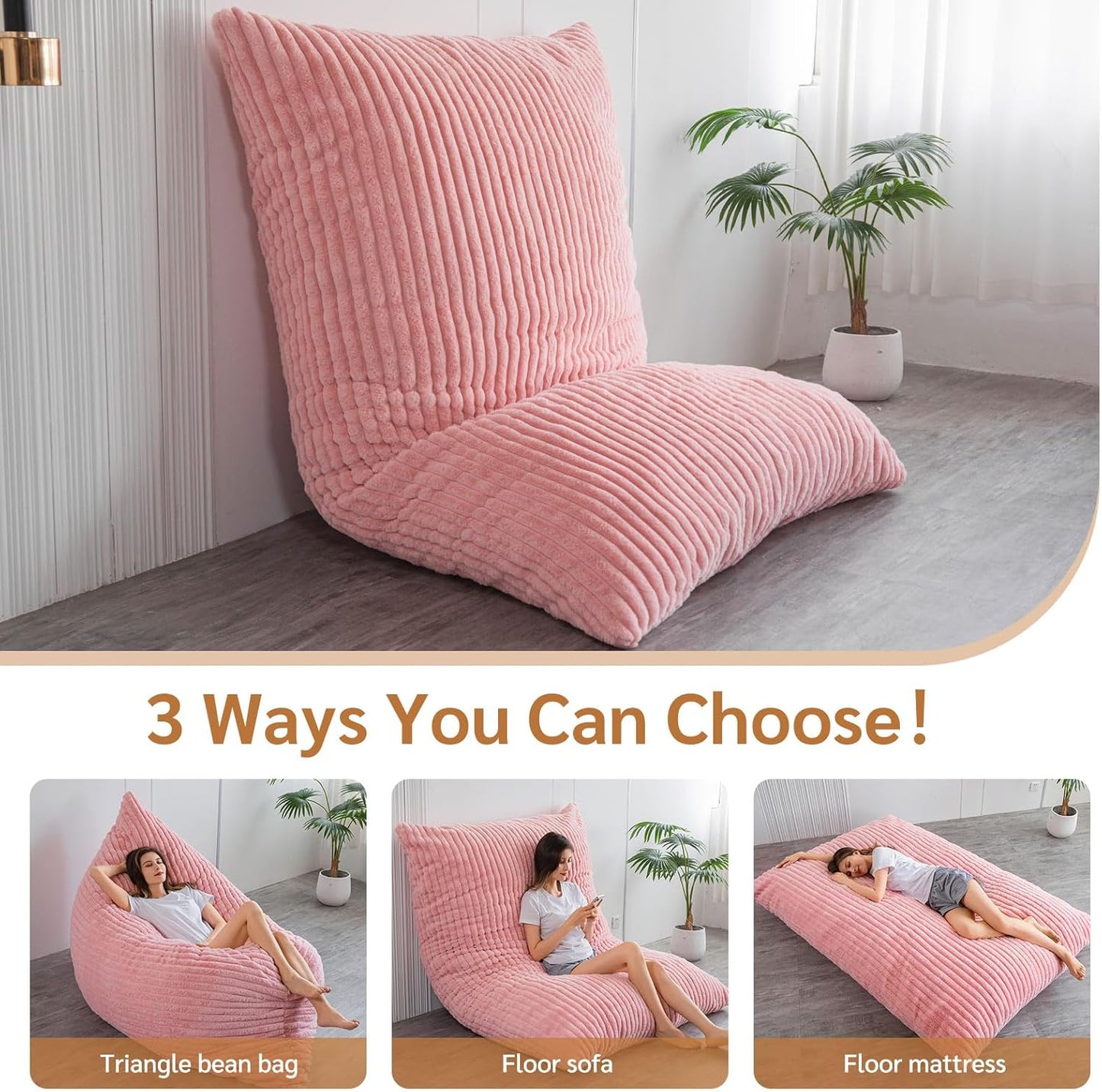 BYBYME 3 in 1 Bean Bag Chairs, Bean Bag Bed for Adults High-Density Foam Filling, Convertible Sofa Bed Faux Fur, Giant Bean Bag Chairs for Adults