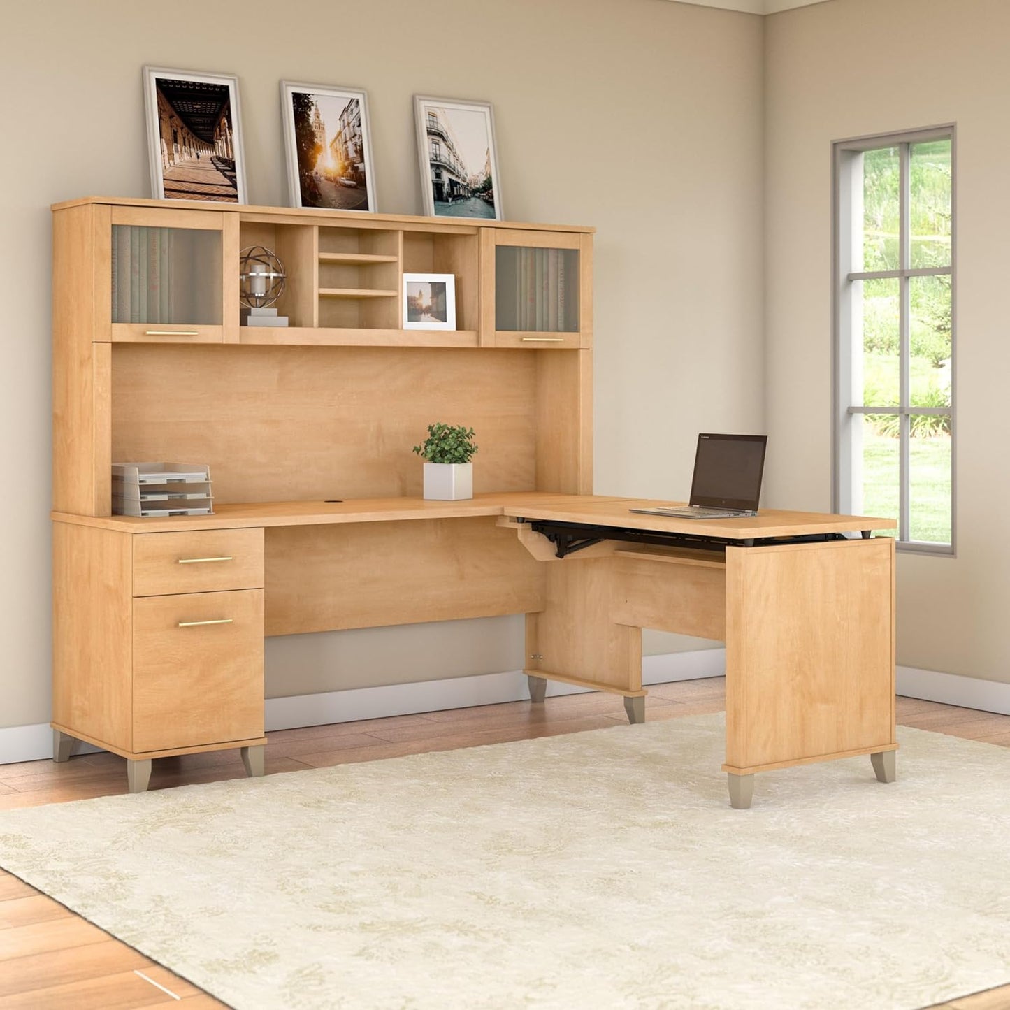 Bush Furniture Somerset 3 Position Sit to Stand L Shaped Desk with Hutch in Maple Cross Ergonomic Height Adjustable Standing Computer/Laptop Table for Home Office