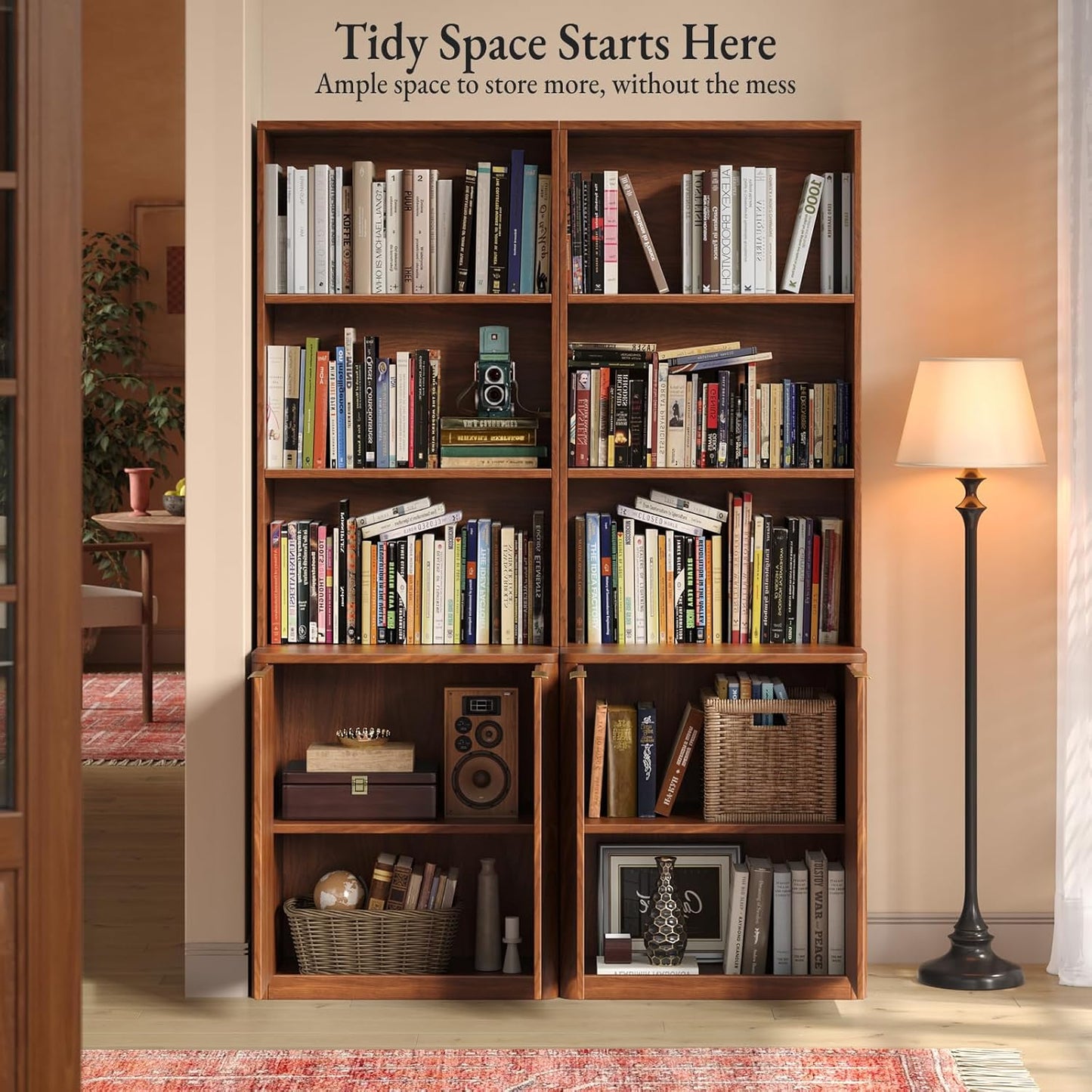 71" Walnut Bookcase with Doors, 5 Tier Fluted Tall Bookshelf with Storage, Librero with Cabinet for Home Office, Living Room,or Bedroom