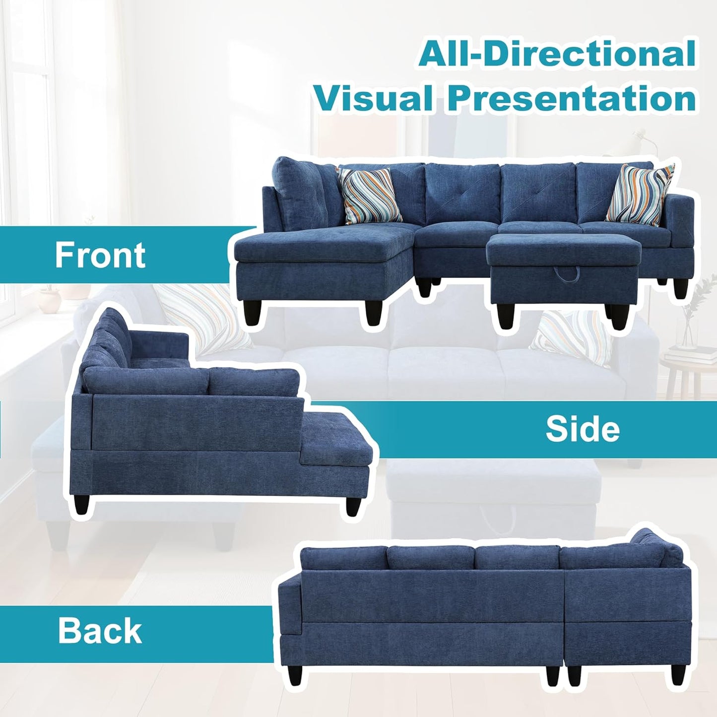 L Shaped Couch Modern Sectional Couch Upholstered Linen Fabric 3 Pieces Sofas for Living Room with Chaise, Storage Ottoman for Office and Small Apartment, Blue