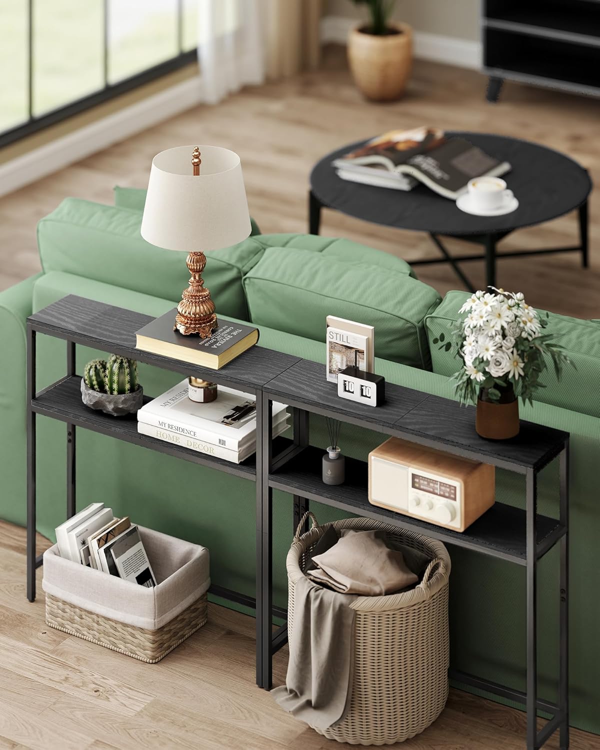 VASAGLE Console Table, 2-Tier Narrow Sofa Table with 2 Shelves, 7.9 x 31.5 x 31.5 Inches, for Living Room, Hallway, Entryway, Charcoal Gray and Ink Black ULNT130B22V1