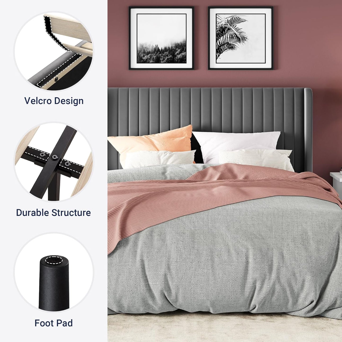 Allewie Queen Size Velvet Bed Frame/Vertical Channel Tufted Wingback Headboard/Upholstered Platform Bed/Strong Wooden Slats/No Box Spring Needed/Easy Assembly/Grey